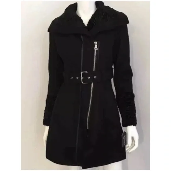 (NWT) GUESS Women’s Wool-Blend Faux-Fur-Trim Belted Coat, XS
